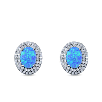 Double Halo Stud Earrings Oval Lab Created Blue Opal Simulated CZ 925 Sterling Silver